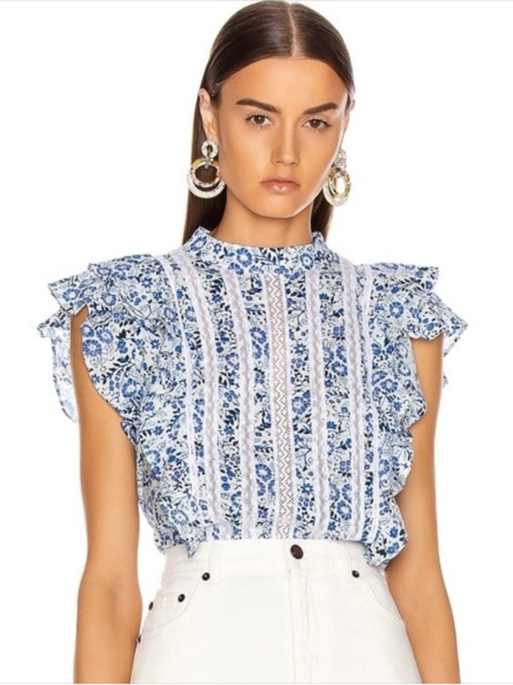 Veronica Beard Sol Ruffled Blouse Blue Floral Lace-Trim Ruffle Sleeve Top